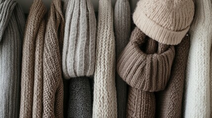 A cozy collection of knitted scarves and a hat in neutral tones, perfect for winter fashion and warmth.