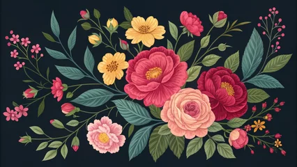 Fotobehang Floral Bouquet Illustration - Dark Background, Vintage Style, Peonies, Roses, Watercolor Effect, Botanical Art, Flower Arrangement © Spot Decor