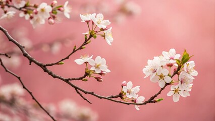 Obraz premium Delicate White Cherry Blossoms on a Pink Background, Spring, Blossom
