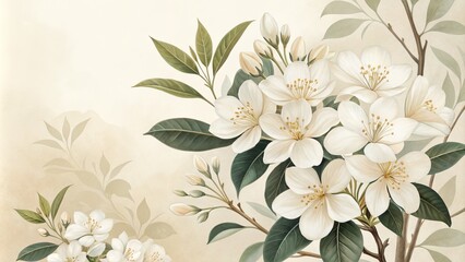 Delicate White Flowers on a Branch with Green Leaves, Floral Illustration, Botanical Art, Nature, Spring, Flower Arrangement, Spring Blossom