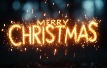 MERRY CHRISTMAS written with sparklers in the dark, long exposure shot