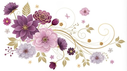 Delicate Floral Swirl with Gold Accents, Purple Flowers, White Background, Floral Design , Botanical Art