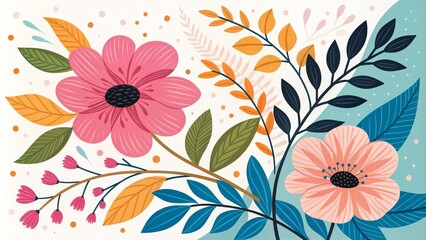 Colorful Floral Illustration with Pink and Orange Flowers, Flat Design, Digital Art, White Background, Floral Design, Botanical Illustration , Floral Pattern