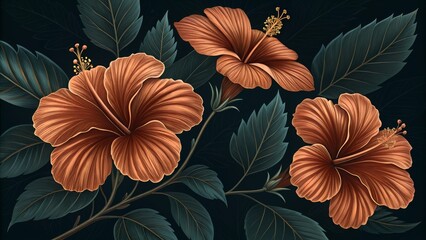 Copper Hibiscus Floral Illustration, Tropical, Floral Art