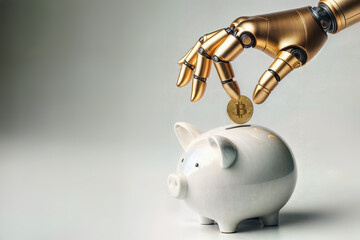 Piggy Bank Money Deposit Robot Hand Against White Background