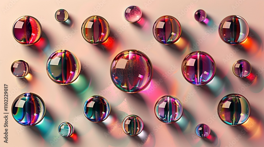 Poster multicolored glass spheres with light reflections 3d rendering image. glossy arrangement background 