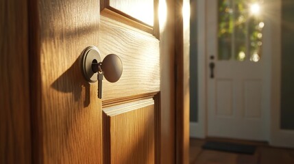 Obraz premium A close-up of a wooden door with a key in the lock, a sunbeam shining through the doorway.