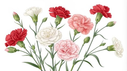Carnation Bouquet, Digital Illustration, Floral Design, White Background, Carnation, Flower Bouquet