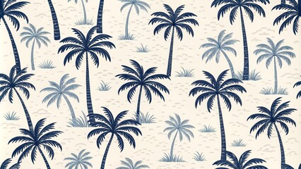 Blue Palm Tree Seamless Pattern, Tropical , Beach