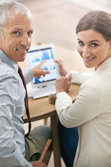 Obraz premium Tablet, planning and portrait of business people in office for research, data analysis or budget report from back. Pointing, man and woman with digital app for financial growth, charts and graphs