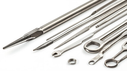 A close-up of a set of locksmith tools arranged neatly on a white background, including picks, tension wrenches, and a rake, showing the polished metal and precise design