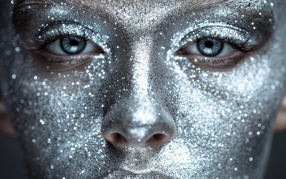 A woman with silver face paint and blue eyes