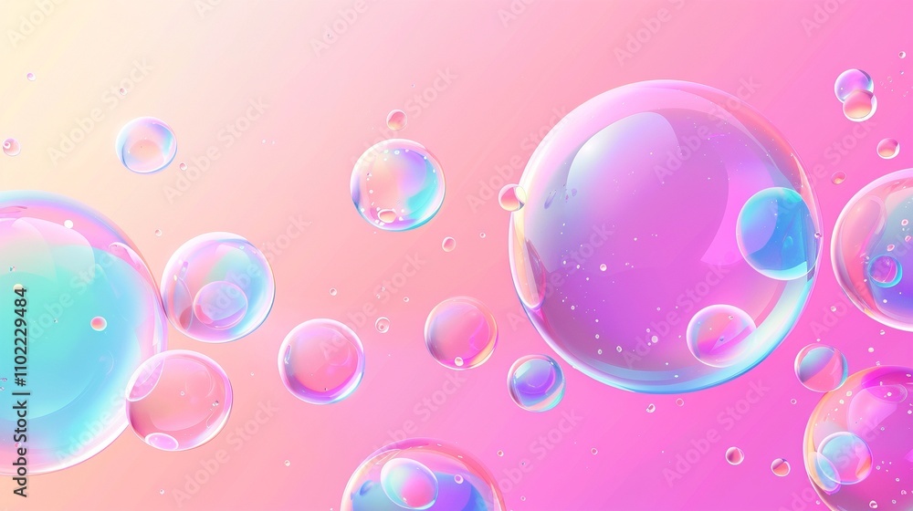 Poster multiple translucent bubbles floating with pastel glow 3d rendering image. cheerful whimsical vibe w