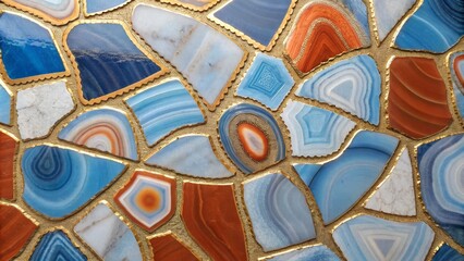 Fototapeta premium Agate Mosaic Pattern - Blue, Red, and White Gemstones, Gold Trim, Decorative Art, Agate, Gemstone Mosaic