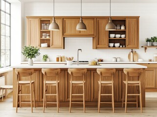 Visualization of a Scandinavian kitchen with wooden accents, white brick walls, an island, and many plants