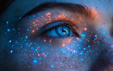 A woman's eye is covered in glitter, giving it a starry, otherworldly appearance