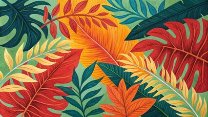 Abstract Tropical Leaf Painting, vibrant colors, green, red, yellow, digital art, leaves