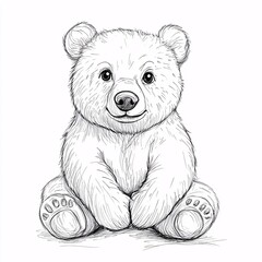 Cute Cartoon Baby Bear Character Sitting with Charming Expression for kid's coloring page outline on white background