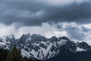 Panoramic view of the Rosengarten group mountain massif in the Dolomites in South Tyrol, Italy.