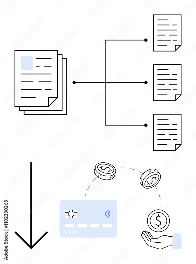 Poster documents splitting into multiple pages, arrow pointing to credit card and hand receiving coins. ide