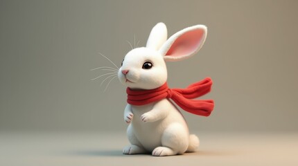Obraz premium White Rabbit with Red Scarf, Sitting on Hind Legs