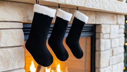 Three black stockings with white fur trim hang over a cozy stone fireplace, adorned with a warm fire, creating a festive holiday atmosphere.