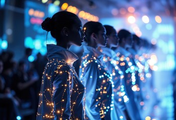 Futuristic runway showcasing smart garments that dynamically change hues and textures based on biofeedback, featuring luminous threads and real-time adaptive fabric technology.