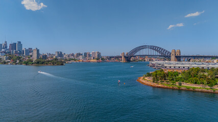 Aerial View of Sydney Harbour Balmain Darling harbour Sydney CBD cockle Bay Wharf North Sydney harbour bridge Lavender Bay Milsons Point Manly on a warm summer day blue skies 