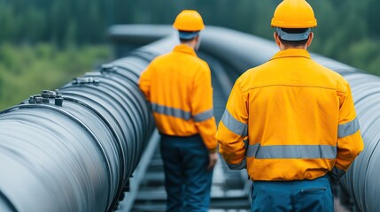 Two workers in safety gear walk along a pipeline, highlighting industrial safety and infrastructure in a natural setting.