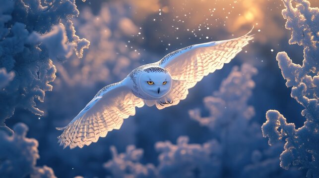 Fliegende Schnee-Eule bei D&auml;mmerung