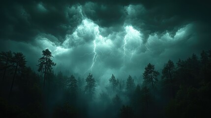 A dramatic landscape featuring a stormy sky with lightning illuminating dark trees.