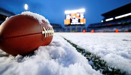 A football rests on a snowy field as evening descends, with a stadium scoreboard illuminating the scene in the background.