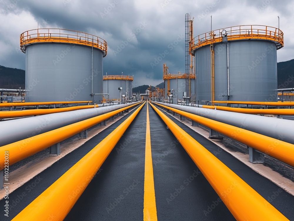 Poster industrial scene featuring large storage tanks and pipelines under a cloudy sky, emphasizing energy 
