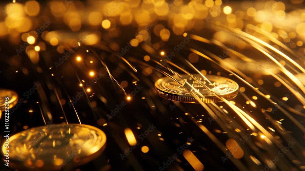 Aufkleber shiny golden cryptocurrency coins float in a field of glowing light streaks and bokeh, creating a fu