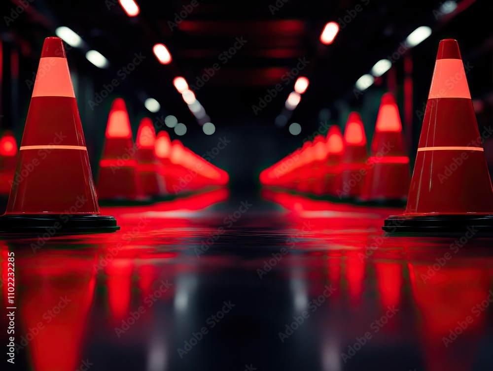 Poster a series of illuminated traffic cones create a striking visual effect in a darkened environment, emp