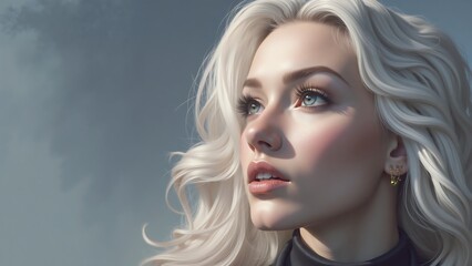 Fototapeta premium A woman with blonde hair and blue eyes is looking up at the sky