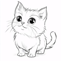 Cute Cartoon Munchkin Cat with Big Eyes and Playful Expression for kid's coloring page outline on white background