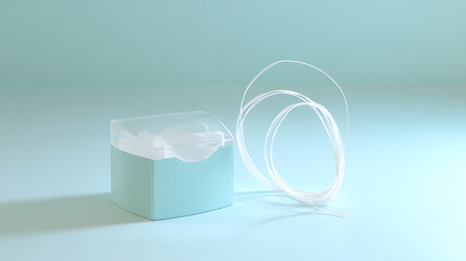 A close-up of a dental floss dispenser, with floss slightly pulled from the container, placed on a bright bathroom countertop with soft lighting, clean and minimalist.