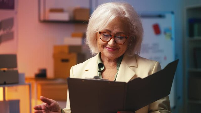 Portrait of a happy successful senior woman entrepreneur reading business papers