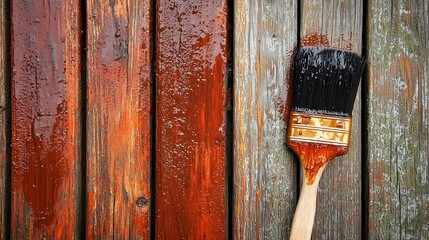 brush painting weatherproof stain on a wood planks 