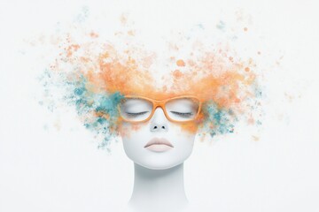 A woman's face is shown with a colorful explosion of paint and a pair of glasses