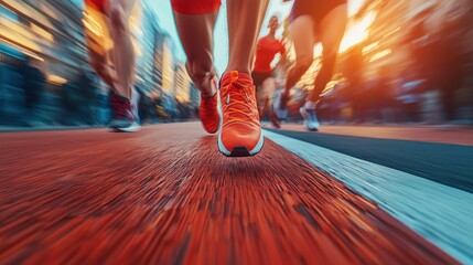 Running race action in urban city sports dynamic environment ground level perspective for fitness enthusiasts