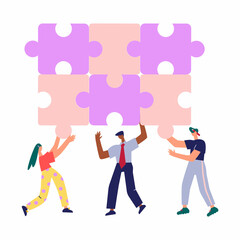 People hold puzzles in their hands. Business teamwork concept. 