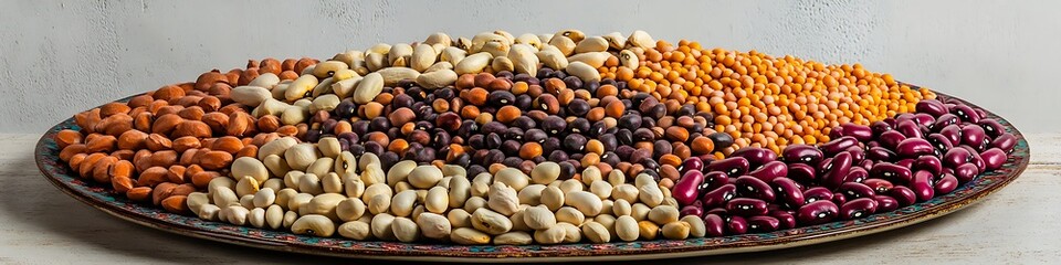 Different types of legumes and cereals as background, top view. 