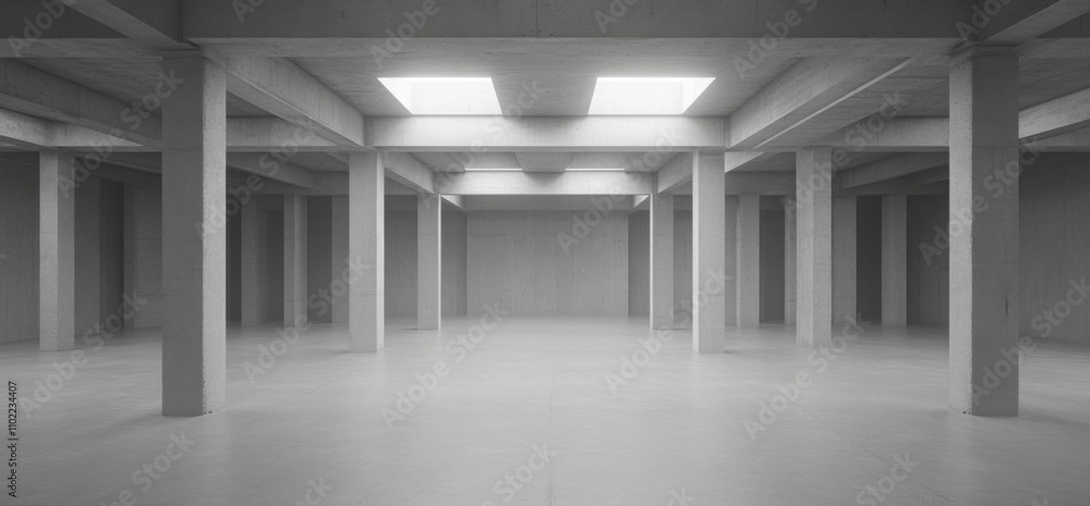 Poster modern large concrete empty hall with numerous columns and large bright windows wallpaper space for 
