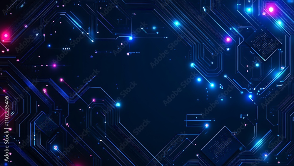 Poster visual exploration of intricate microchip circuit patterns illuminated by colorful lights