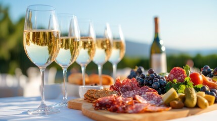 Exquisite Outdoor Dining Experience with Fine Wine, Gourmet Cheeses, Fresh Fruits, and Charcuterie on a Bright Day Surrounded by Lush Greenery and Scenic Views