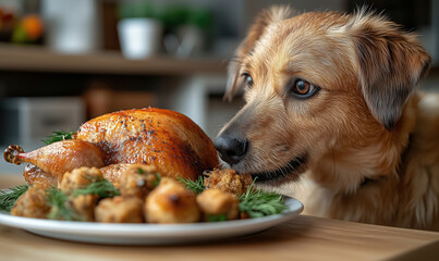 Attentive dog stares at a golden-brown roasted turkey surrounded by herbs and stuffing. The cozy kitchen lighting adds warmth, highlighting a moment of curiosity and festive anticipation