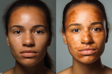 Photo to show before and after treatment spot melasma pigmentation facial treatment on young woman face. Skin care and health problem concept