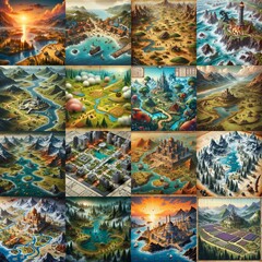 Fototapeta premium Different Battlemaps landscapes illustration. AI generated illustration